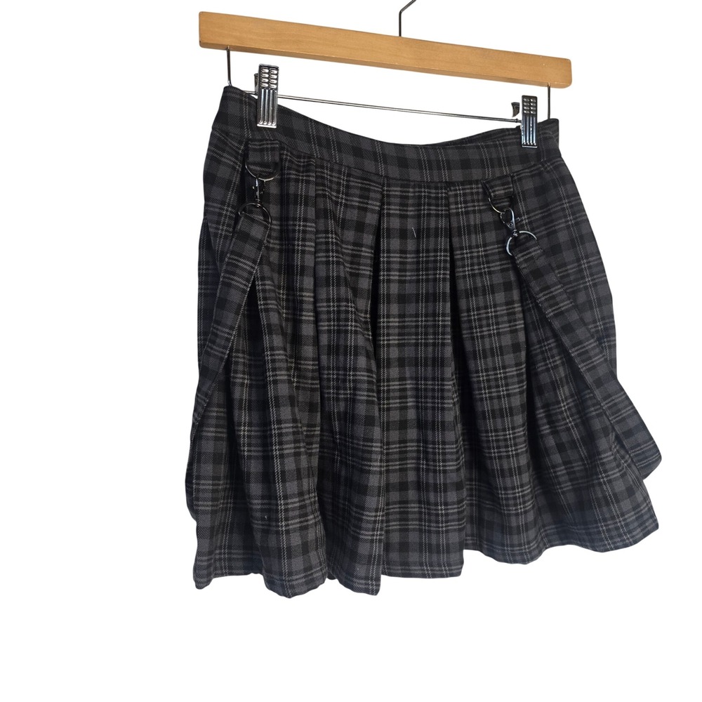 Hot Topic Plaid Pleated Skirt Women SM Grey Black Woven Grunge Goth Suspender